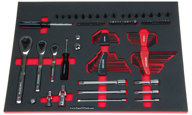 Foam Organizer for 3 Craftsman Ratchets, 12 socket drive tools, 50 bits with handle, and 44 hex keys.