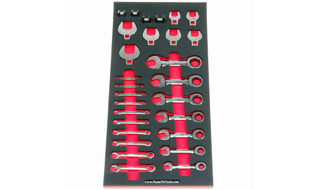 Foam Organizer for 28 Husky crowfoot, stubby ratcheting, and midget combination wrenches