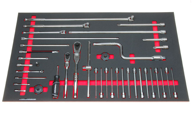 Foam Organizer for 4 Husky Ratchets, 13 Extensions, 5 Breaker Bars, T-handle, and 15 Long Hex Ball Sockets