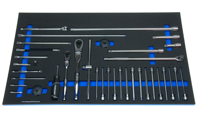 Foam Organizer for 4 Husky Ratchets, 13 Extensions, 3 Breaker Bars, T-handle, Spinner Handle, and 15 Long Hex Ball Sockets