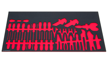 Foam Organizer for 7 slotted screwdrivers, 7 Phillips screwdrivers, 6 torx screwdrivers, 26 hex keys, 10 pliers, and 1 tin snips.