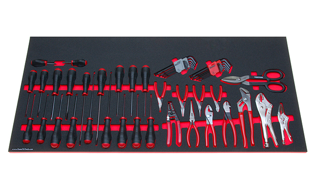 Foam Organizer for 7 slotted screwdrivers, 7 Phillips screwdrivers, 6 torx screwdrivers, 26 hex keys, 10 pliers, and 1 tin snips.