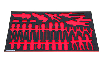 Foam Organizer for 7 slotted screwdrivers, 7 Phillips screwdrivers, 6 torx screwdrivers, 26 hex keys, and 10 pliers.