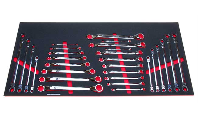 Foam Organizer for 19 long flex ratcheting and 45-degree offset box end wrenches.